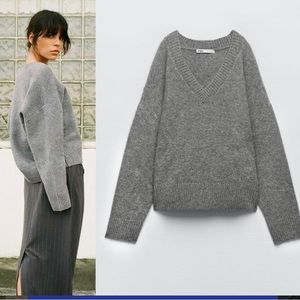 Zara womens v neck cropped sweater dark grey small